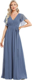 Vestido de dama de honor para mujer, escote en V, mangas con volantes, busto fruncido, largo hasta el suelo, de gasa, vestido formal para invitada de boda. 