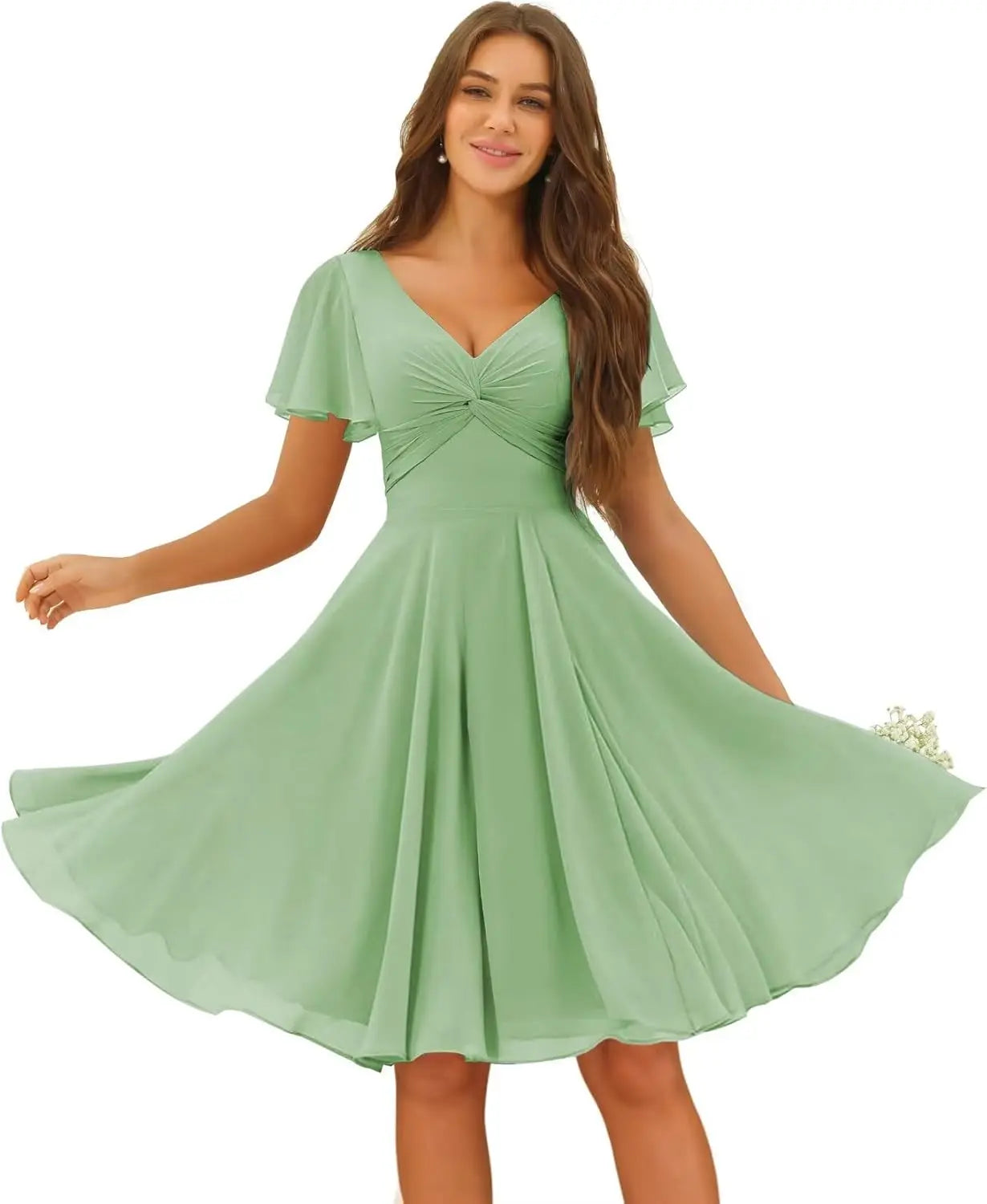 Women's Pleated Chiffon Flutter Sleeves Junior Bridesmaid Dresses with Pockets V Neck Short Formal Dress Wedding Party Gowns