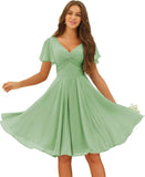 Women's Pleated Chiffon Flutter Sleeves Junior Bridesmaid Dresses with Pockets V Neck Short Formal Dress Wedding Party Gowns