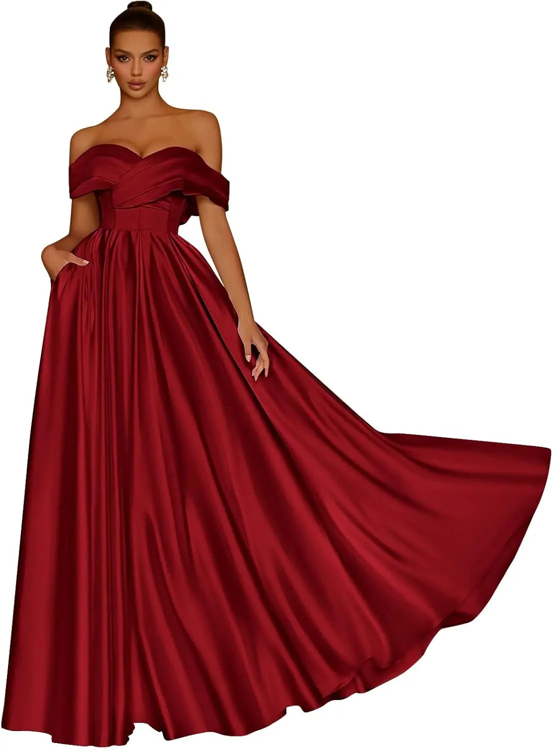 Damen Schulterfreies Satin-Ballkleid, lang, V-Ausschnitt, A-Linie, formelles Abendkleid mit Taschen, Ballkleid 