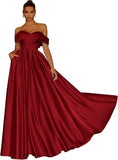 Damen Schulterfreies Satin-Ballkleid, lang, V-Ausschnitt, A-Linie, formelles Abendkleid mit Taschen, Ballkleid 