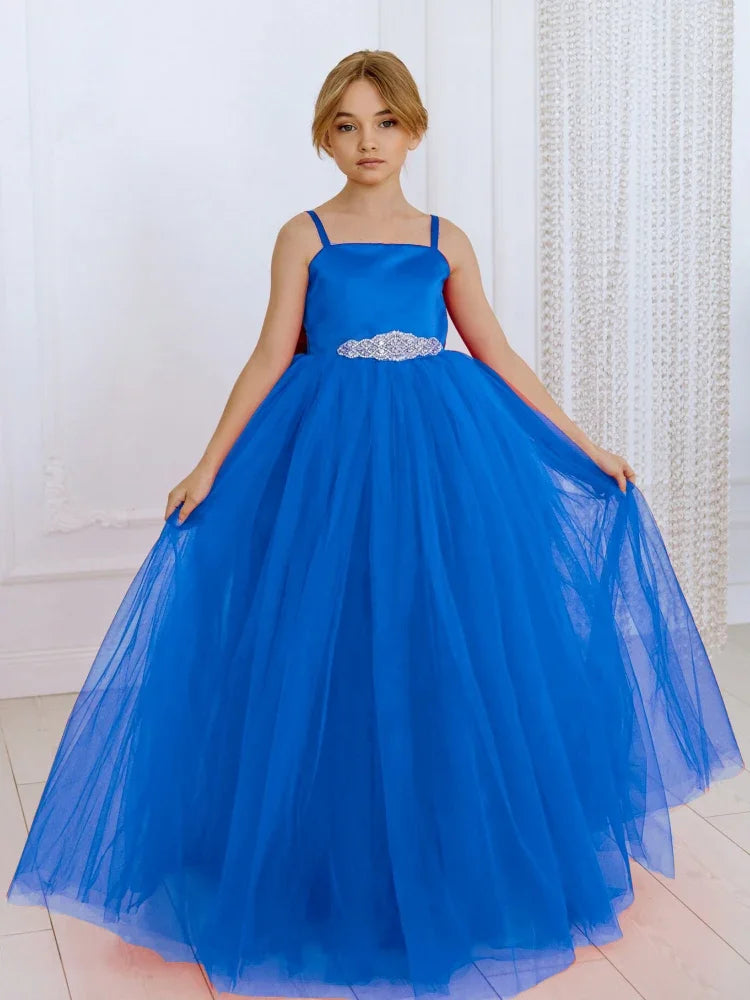 Princess Dress  Birthday Party First Communion Gowns Flower Girl Dresses Red Tulle Diamond Belt With Bow Sleeveless For Wedding