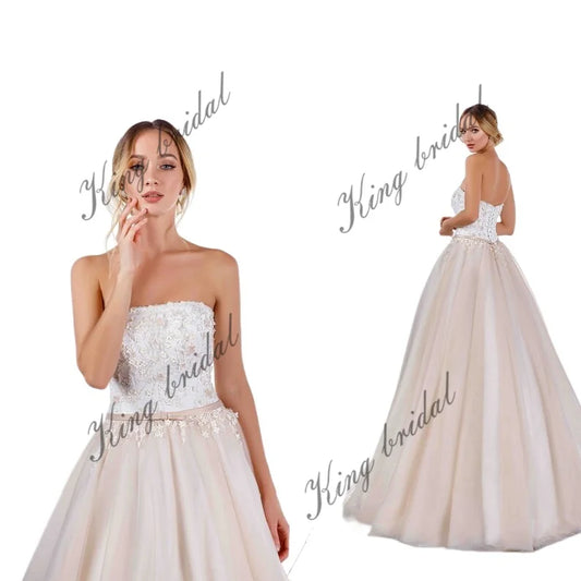Perlenbesetztes Spitzen-Brautkleid mit Cape Tüll-Brautkleid Schulterfrei Brautkleid Individuelle Brautkleider Nude A-Linie Brautkleid 