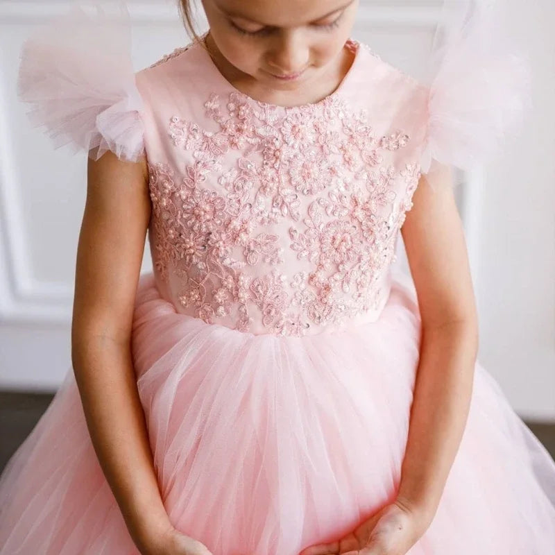 Apliques de flores de tul rosa con lazo, manga corta, para boda, fiesta de cumpleaños, banquete, vestido de princesa, vestidos de niña de las flores personalizados 