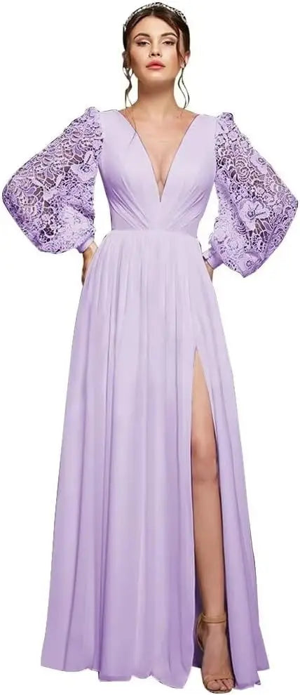 Langärmliges Brautjungfernkleid, Chiffon, Ballkleid, langes Hochzeitskleid mit Spitzenapplikation, V-Ausschnitt, formelle Kleider mit Schlitz 