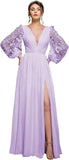 Langärmliges Brautjungfernkleid, Chiffon, Ballkleid, langes Hochzeitskleid mit Spitzenapplikation, V-Ausschnitt, formelle Kleider mit Schlitz 