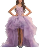 Blumenmädchenkleid für Mädchen, hoch und niedrig, Festzugskleider, gestufte Tüllapplikationen, Prinzessin, formelle Party, Ballkleid, Festzug für Mädchen 