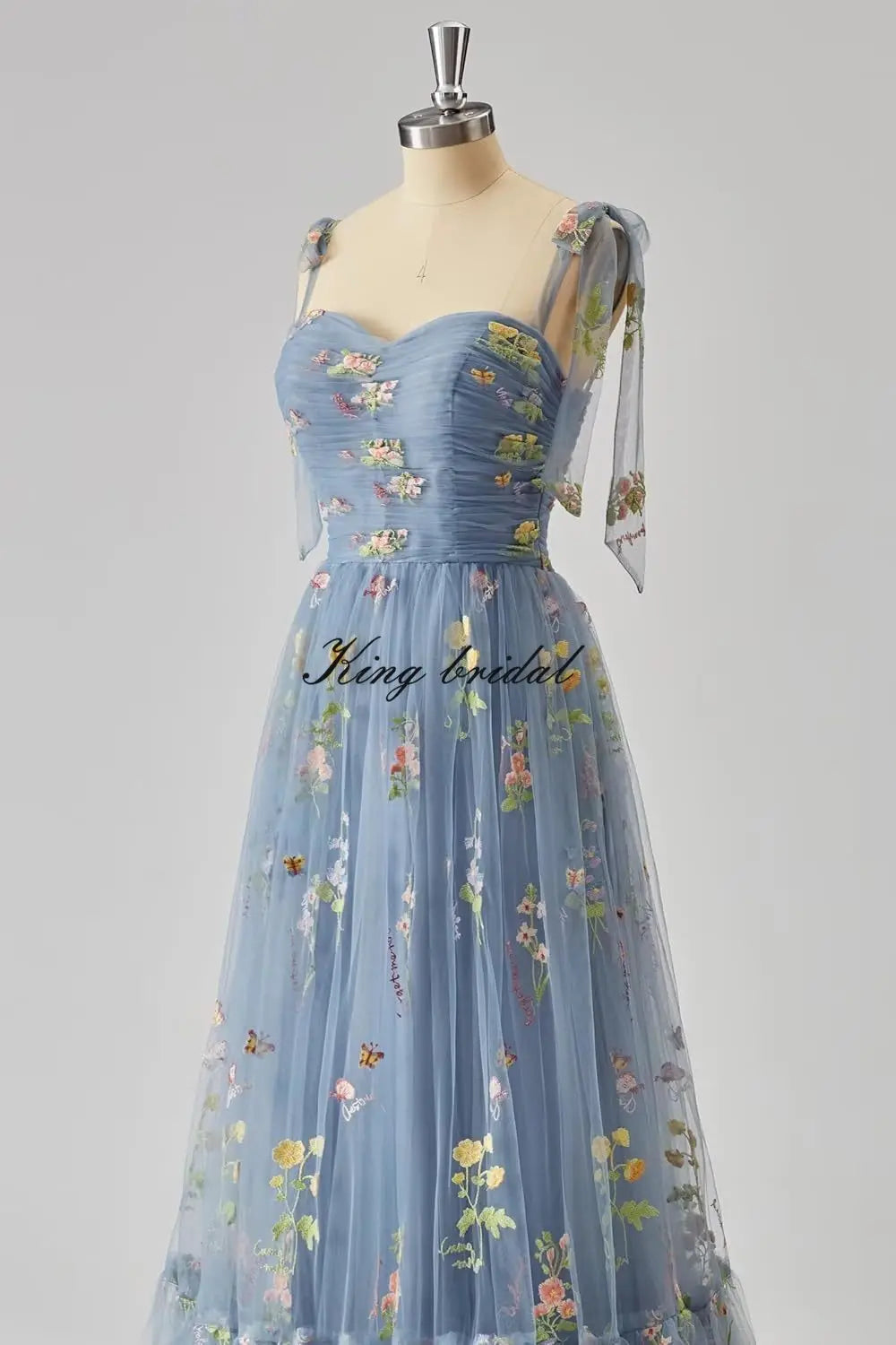Women's Flower Embroidery Tulle Prom Dresses Corset Long Spaghetti Strap Fairy Ruched Formal Evening Party Gown Bridesmaid Dress