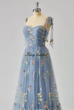 Women's Flower Embroidery Tulle Prom Dresses Corset Long Spaghetti Strap Fairy Ruched Formal Evening Party Gown Bridesmaid Dress