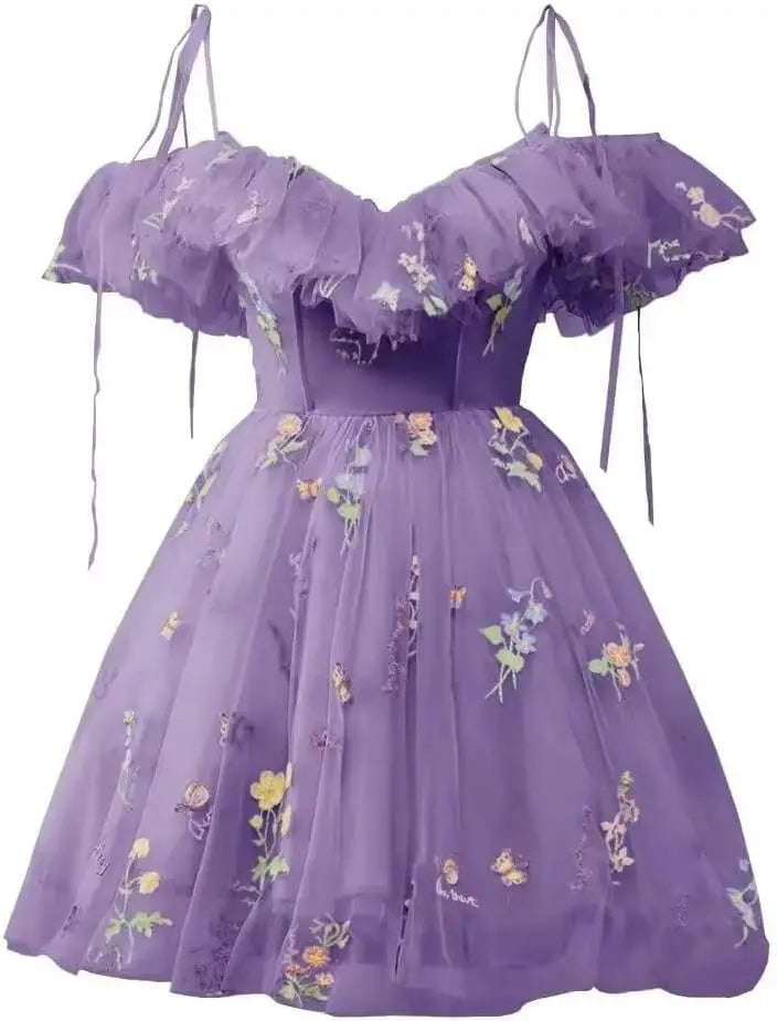 Blumenstickerei Tüll Kurze Heimkehrkleider für Teenager Mini Fee V-Ausschnitt Formales Abschlussball-Cocktailpartykleid 2025 