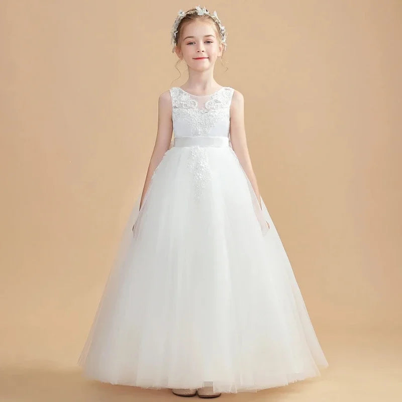 Puffy Flory With Big Bow Sleeveless For Wedding Birthday Party Holy Communion Gowns Flower Girl Dresses White Tulle