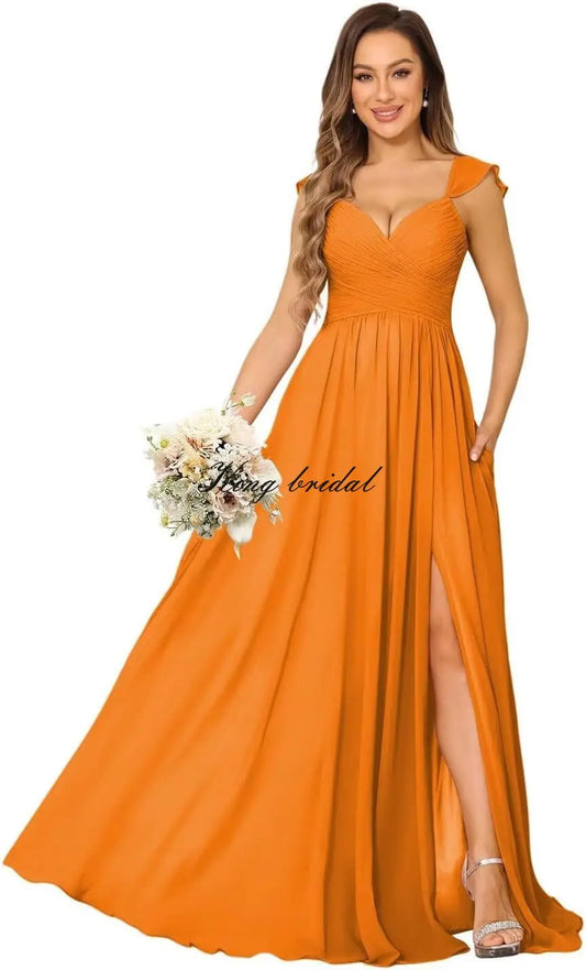 Women's Cap Sleeves Chiffon Bridesmaid Dresses Long with Pockets Ruffle Formal Evening Dresses with Slit Wedding Party Gowns