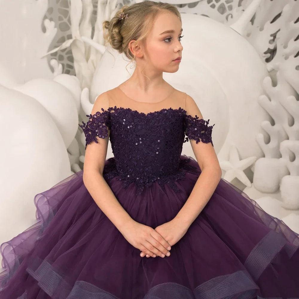 Grape Purple Floral Appliques Tiered With Trailing For Wedding Birthday Party Banquet Gown Customized Flower Girl Dresses
