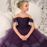 Grape Purple Floral Appliques Tiered With Trailing For Wedding Birthday Party Banquet Gown Customized Flower Girl Dresses