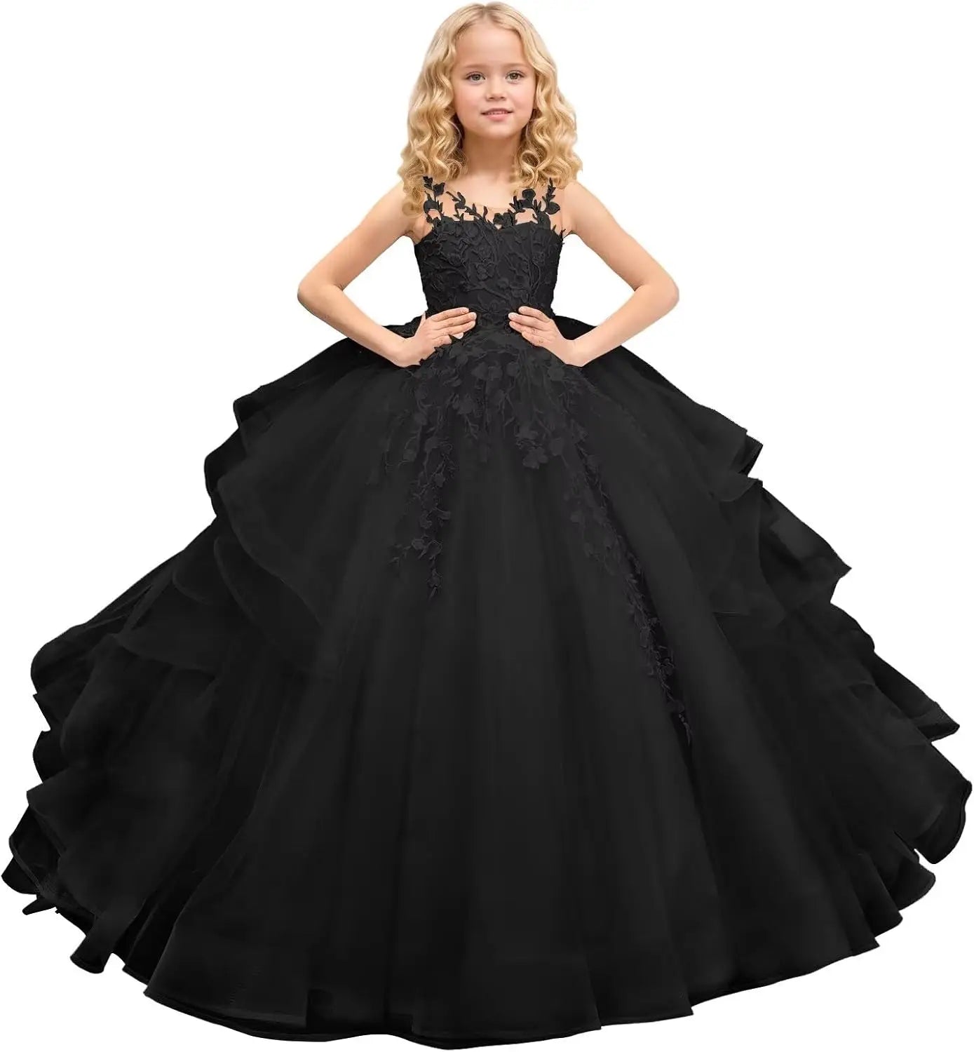 Tüll Prinzessin Ärmellose Festzugskleider Lange Spitze Applique Blumenmädchen Kleid Kinder Geburtstagsparty Ballkleid Festzugskleider 
