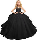 Tüll Prinzessin Ärmellose Festzugskleider Lange Spitze Applique Blumenmädchen Kleid Kinder Geburtstagsparty Ballkleid Festzugskleider 