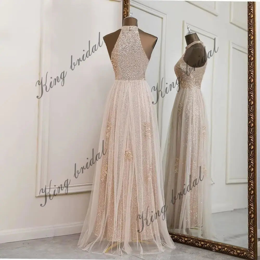 Vestidos de fiesta de lentejuelas con cuello halter y flores, hechos a medida, 2025, de tul brillante, corte A, para boda, fiesta formal de noche 