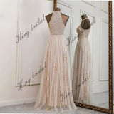 Vestidos de fiesta de lentejuelas con cuello halter y flores, hechos a medida, 2025, de tul brillante, corte A, para boda, fiesta formal de noche 