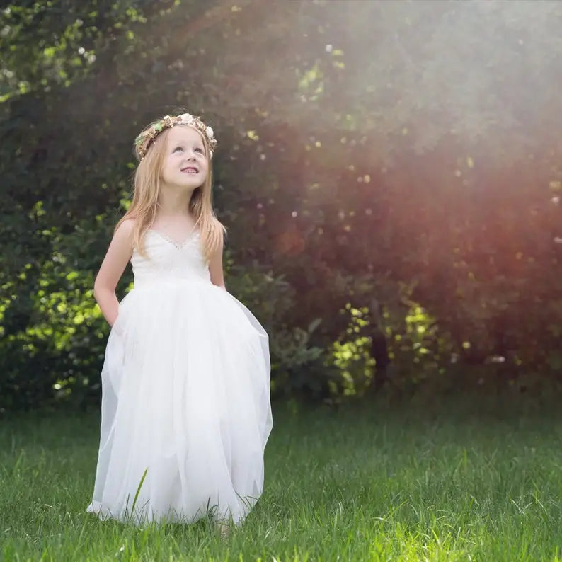 Romantisches Tüll-Blumenmädchenkleid, Elfenbeinfarbenes rustikales Boho-Chic-Babykleid, Mädchen-Partykleid, Hochzeitsprinzessin-Partykleid, Kinderkleid 