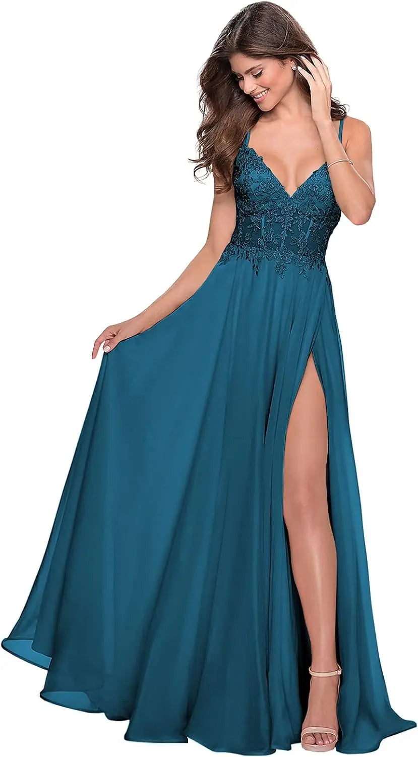 Women's Lace Appliques Chiffon Prom Dresses Long with Slit V-Neck Spaghetti Straps Peacock Formal Party Gowns evening dresses