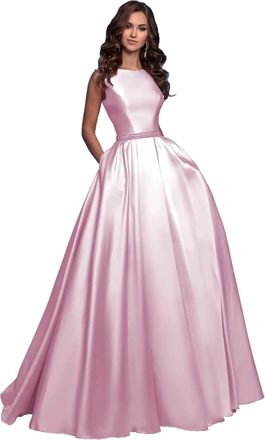 Damen A-Linie Satin Ballkleid Langes Ballkleid Gerafftes Perlenbesetztes Abendkleid Formales Partykleid mit Taschen 