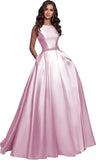Damen A-Linie Satin Ballkleid Langes Ballkleid Gerafftes Perlenbesetztes Abendkleid Formales Partykleid mit Taschen 