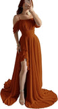 Elegantes schulterfreies Chiffon-Ballkleid für Brautjungfern mit Schlitz, lang, A-Linie, plissierte Rüschen, formelles Abendkleid für Damen 