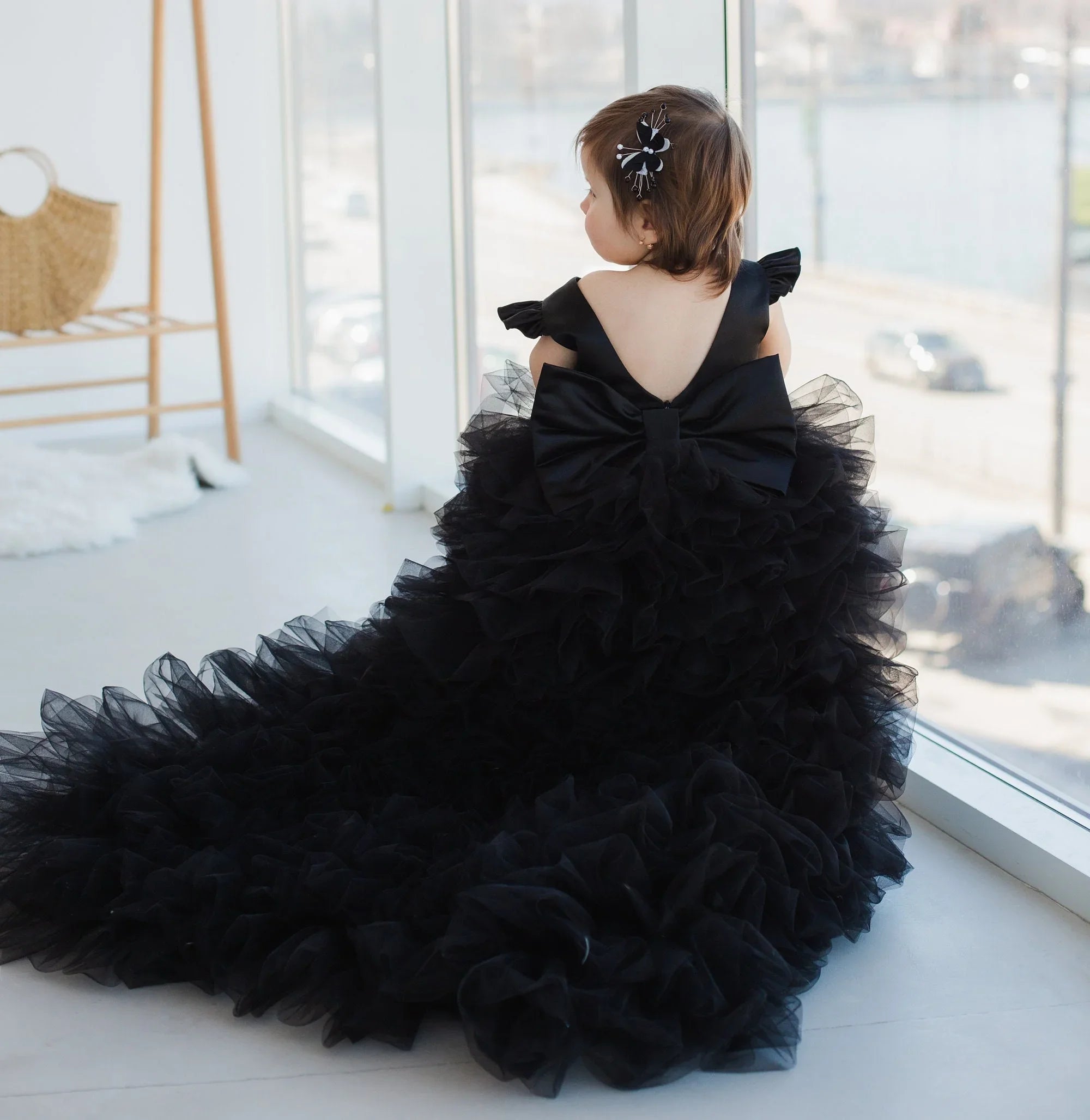 Vestido plisado elegante de longitud para niña, fiesta de cumpleaños, primera comunión, negro, para niña de las flores, para boda, alto-bajo 
