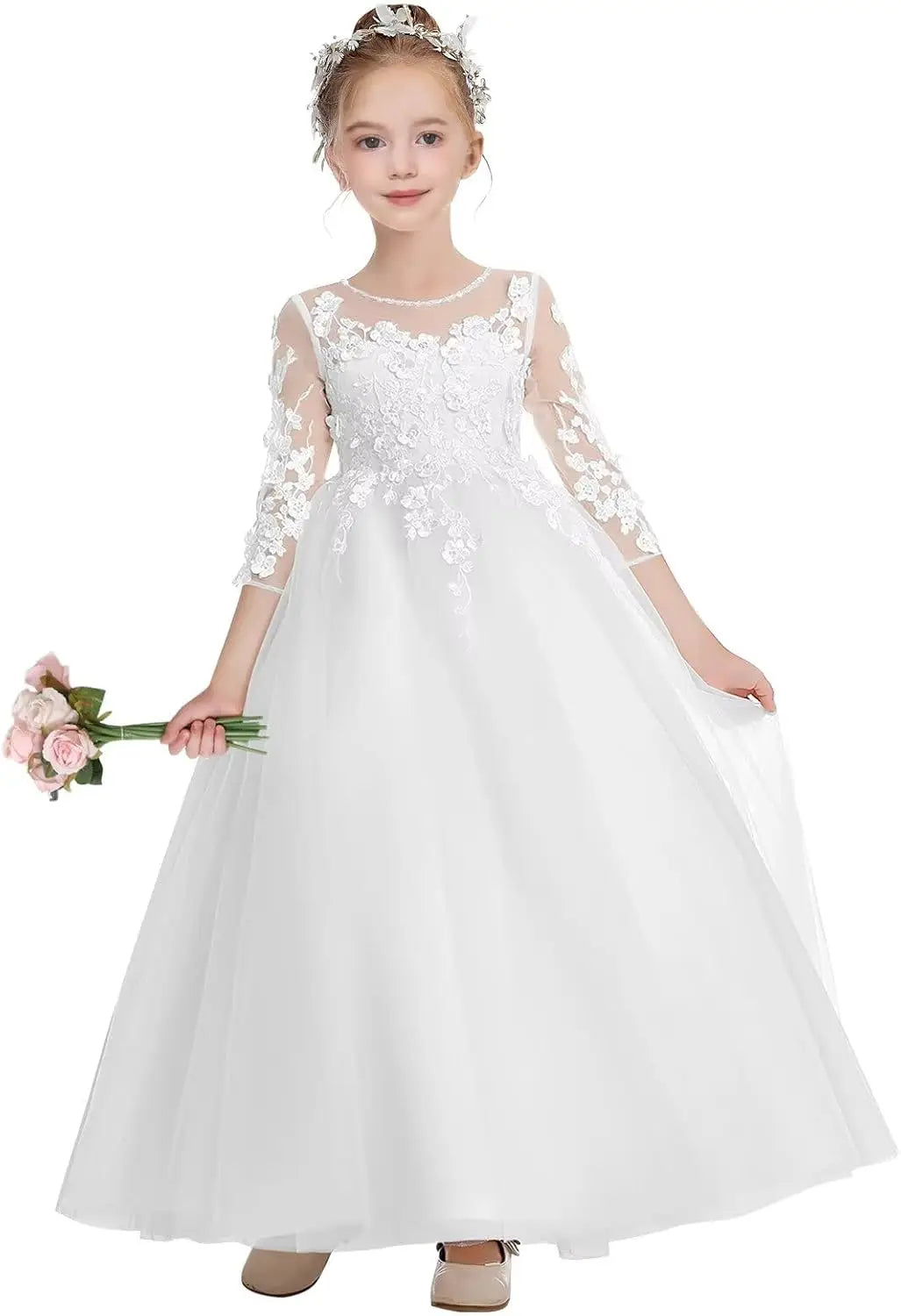 Elegantes Blumenmädchenkleid aus Tüll in A-Linie mit Applikationen, Erstkommunionkleider mit Ärmeln, Festzugs-Prinzessinnen-Partykleider 