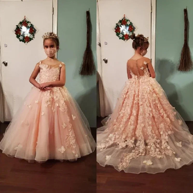 For Kids 3D Floral Butterfly Appliques Princess Communion Pageant Pink Sleeveless Flower Girl Dresses for Wedding Party Dress