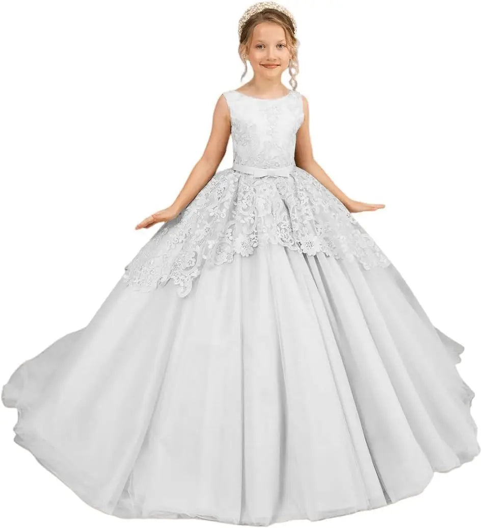 Tüll-Blumenmädchenkleid für Hochzeit, Spitzenapplikationen, bestickt, Prinzessin, Kinderfestzug, Geburtstagsparty, Festzugskleider für Mädchen 