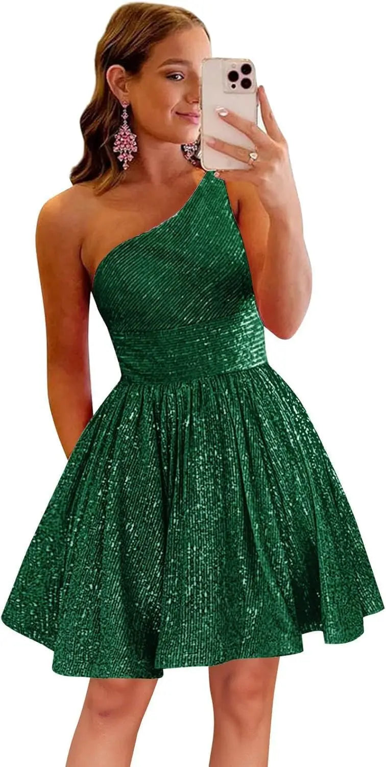 Vestido de fiesta corto con lentejuelas y un hombro brillante para mujeres y niñas. 