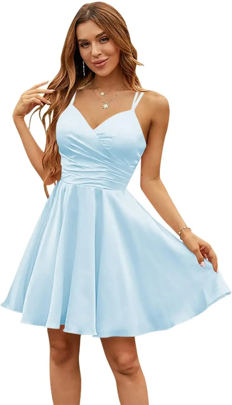 Vestidos de satén con escote en V para adolescentes, vestidos cortos de fiesta de graduación, tirantes finos, vestidos de cóctel con bolsillos, vestidos de dama de honor 