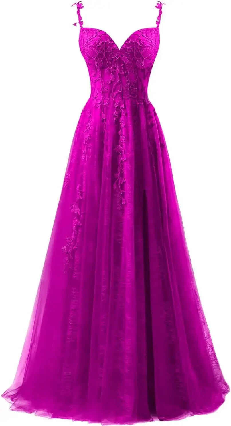 Lace Applique Tulle Prom Dresses for Women 2025 Spaghetti Straps Ball Gown Formal Evening Party Gown with Slit Wedding Party