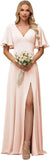 Wedding Party Chiffon Short Sleeves Bridesmaid Dresses for Women Slit Long Cut Out Elegant Maxi Formal Evening Cocktail Gown
