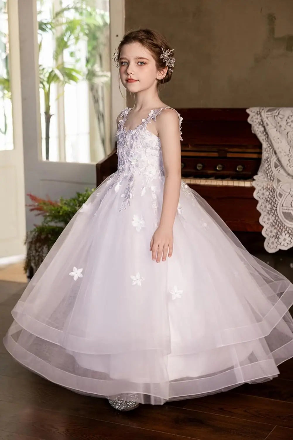 First Communion Dresses for Girls Tulle Flower Girl Dress for Wedding 3D Flower Appliques Dress