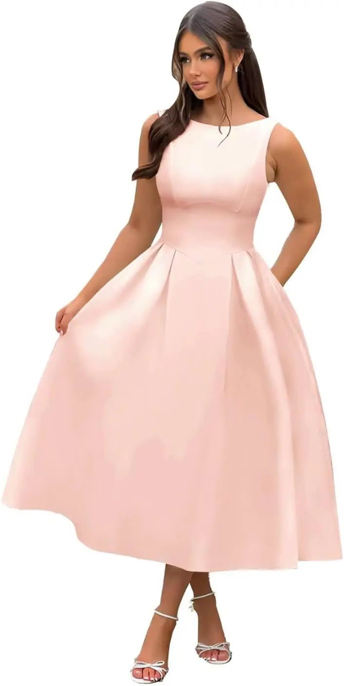 Boat Neck Satin Midi Prom Dresses Tea Length Scoop Back A Line Formal Boat Neck Satin Midi Prom Dresses Tea Length Scoop Back A Line Formal