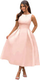 Vestidos de fiesta de satén con cuello barco y midi, largos hasta la rodilla, espalda escotada, corte en A, vestidos formales de noche para fiesta, vestido de cóctel y fiesta 
