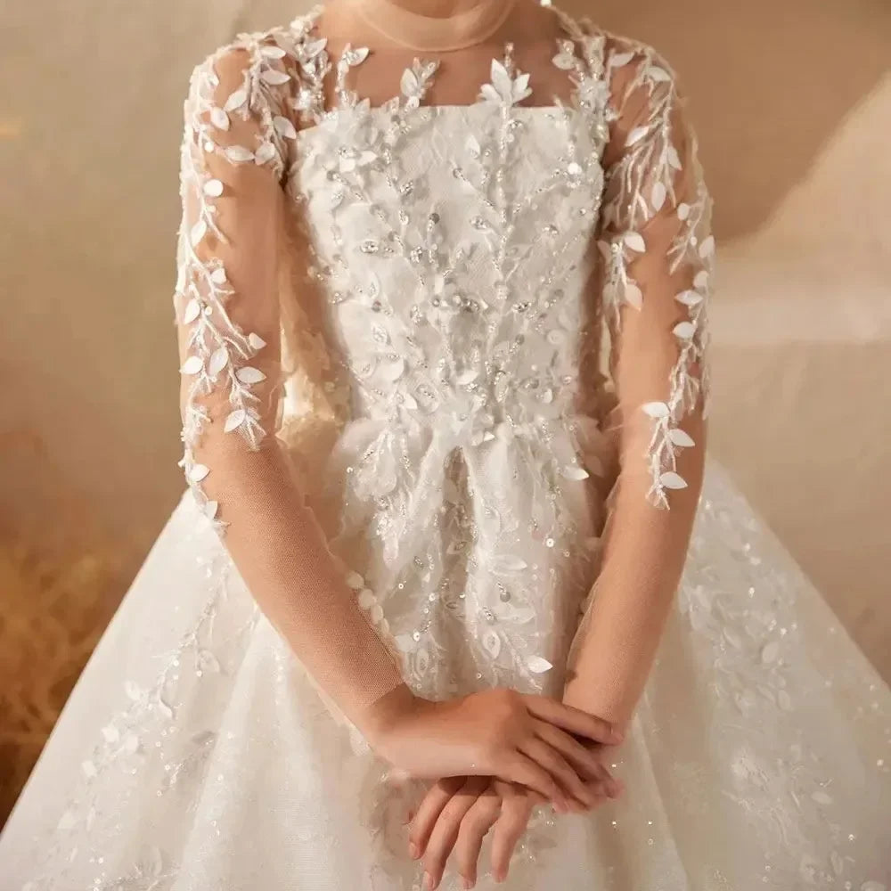 Vestido de desfile para boda, apliques de encaje, princesa, fiesta de cumpleaños, vestido de primera comunión, vestidos de niña de las flores blancos personalizados 