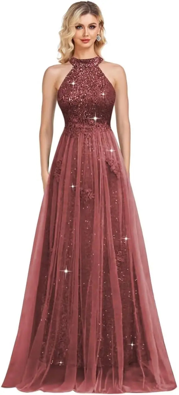 Vestidos de fiesta de lentejuelas con cuello halter y flores, hechos a medida, 2025, de tul brillante, corte A, para boda, fiesta formal de noche 