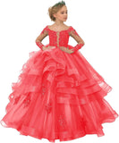 Long Sleeve Flower Girl Dresses Laces Applique Beaded Princess Pageant Dress Beaded Ruffle Tulle Kids Prom Party Gown