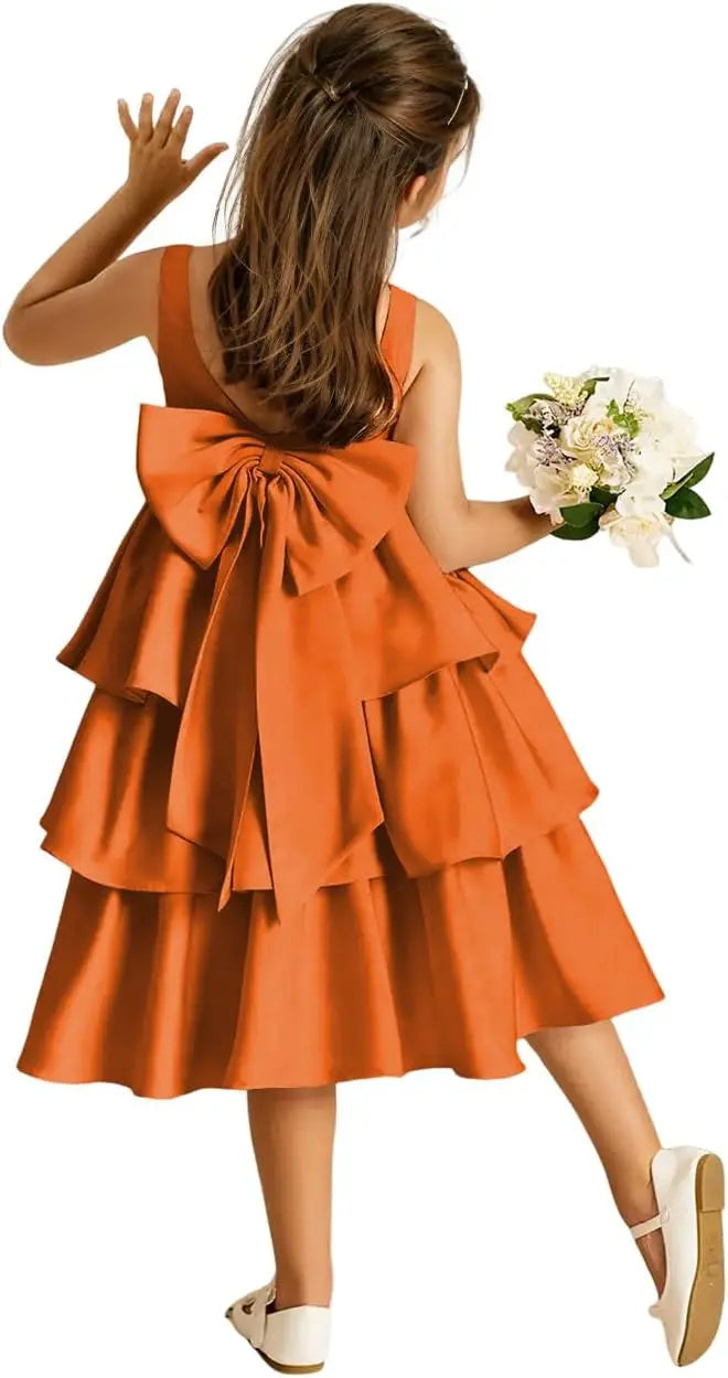 Girls Crewneck Layers Flower Girl Satin Pageant Dress with Bow Knot Backless Birthday Party Formal Dress princess dress