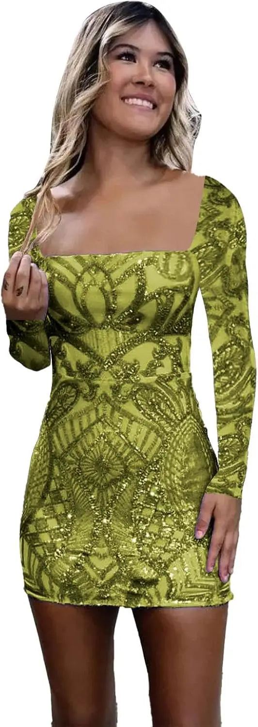 Vestidos de fiesta de manga larga con lentejuelas y encaje para mujer, cortos, ajustados, brillantes, con escote cuadrado, para cóctel o fiesta. 
