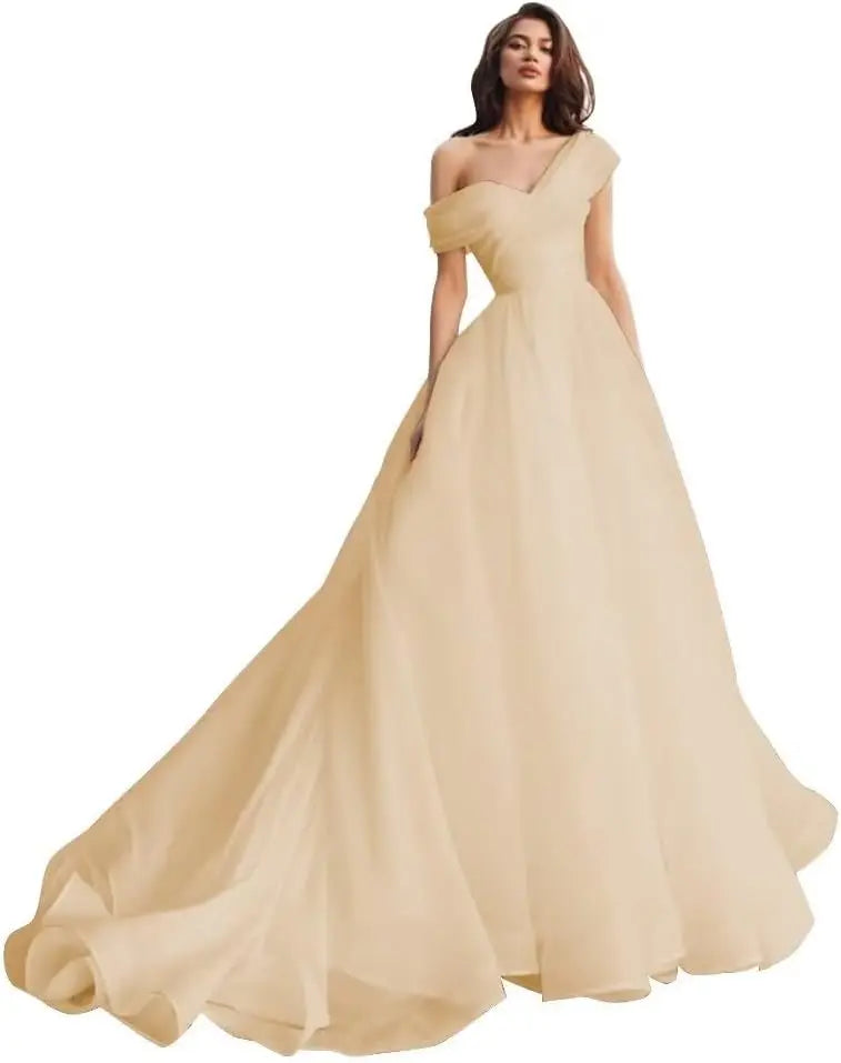 Custom made One Shoulder Tulle Prom Dresses Long Quinceanera Dress Ball Gown Organza Puffy Wedding Dress for Bride Bridal Gowns