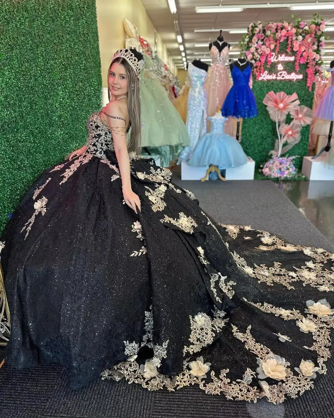 Gold Appliques Quinceanera Dresses with Train Spaghetti Strap Lace Sweet 16 Dresses Layered Ruffles Beaded Ball Gown