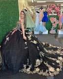 Gold Appliques Quinceanera Dresses with Train Spaghetti Strap Lace Sweet 16 Dresses Layered Ruffles Beaded Ball Gown