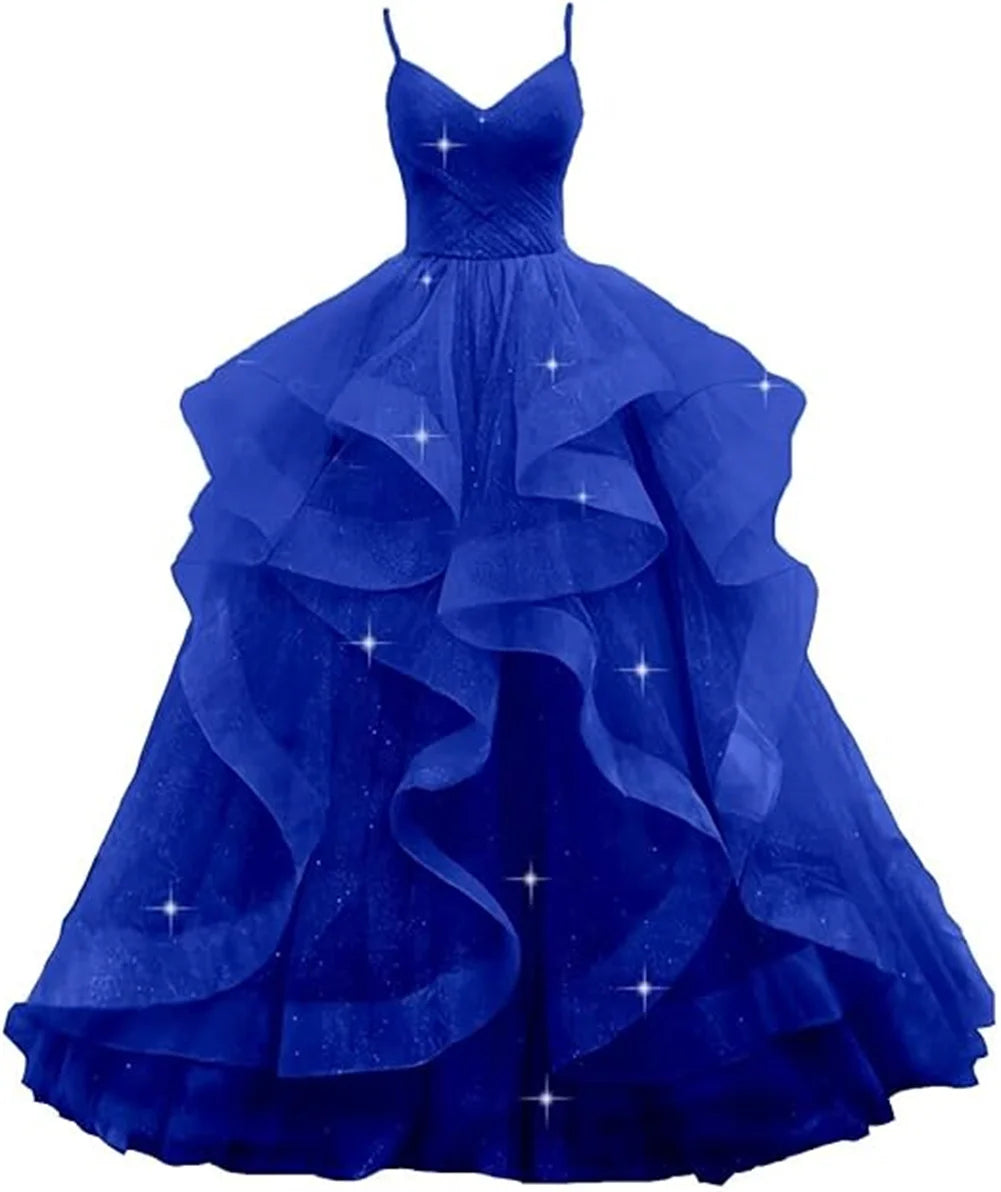 Customized V Neck Glitter Tulle Long Prom Dresses Spaghetti Straps Ball Gown For Women Puffy Tiered Formal Evening Party Dresses