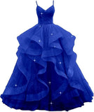 Customized V Neck Glitter Tulle Long Prom Dresses Spaghetti Straps Ball Gown For Women Puffy Tiered Formal Evening Party Dresses