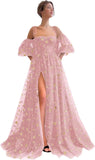 Sparkly Starry Tulle Prom Dresses for Women Slit Long Puffy Sleeve Glitter Star Formal Evening Party Gown Junior Bridesmaid Gown