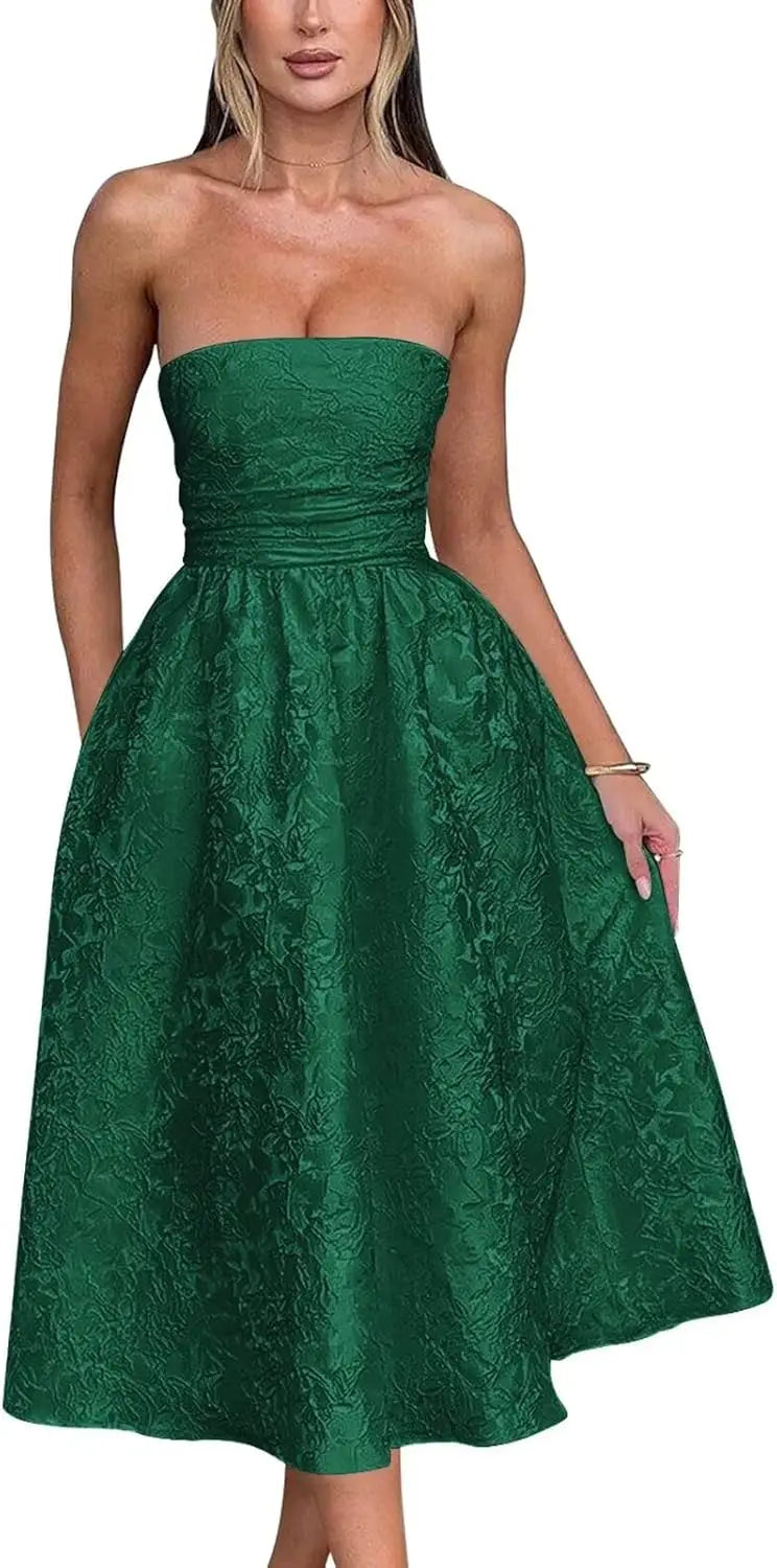 Vestido de fiesta de satén jacquard floral, largo hasta la rodilla, corte A, sin tirantes, con corsé, para dama de honor, para fiesta de noche formal 